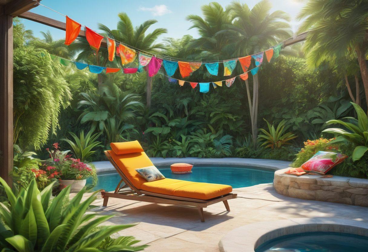 A vibrant summer scene featuring a stylish bikini hanging on a colorful clothesline above a lush backyard oasis. Include a cozy seating area with tropical cushions and bright green plants, alongside a shimmering pool reflecting the sunlight. Add playful summer accessories like hats and sunglasses scattered around to enhance the cozy atmosphere. super-realistic. vibrant colors. 3D.