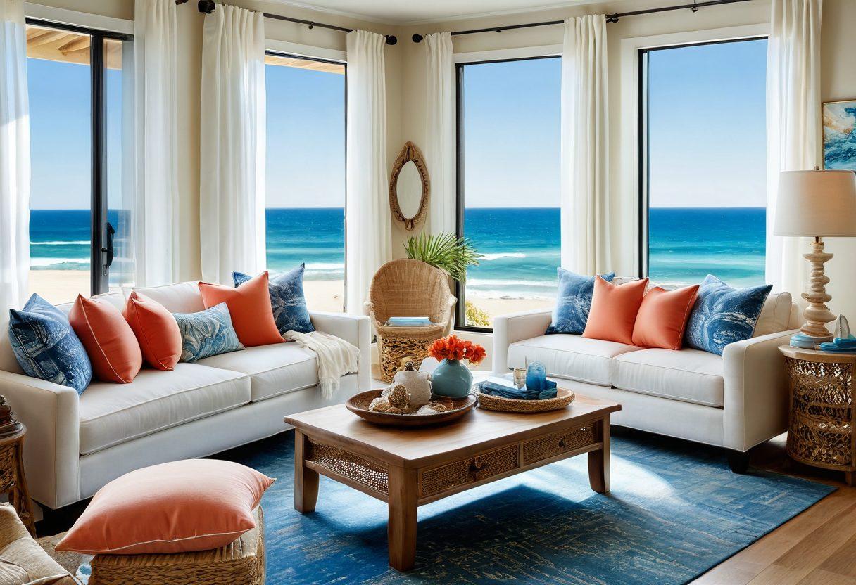 A stylish coastal living room featuring beachwear-inspired décor elements like a vibrant sarong draped over a modern couch, seashell accent pillows, and surfboard art on the walls. Sunlight floods through large windows, illuminating a sandy-colored rug that mimics a beach. The color palette includes soft blues, whites, and corals, harmonizing beach fashion with contemporary home design. Distinct textures like wicker and cotton enhance the coastal vibe. super-realistic. vibrant colors. bright background.