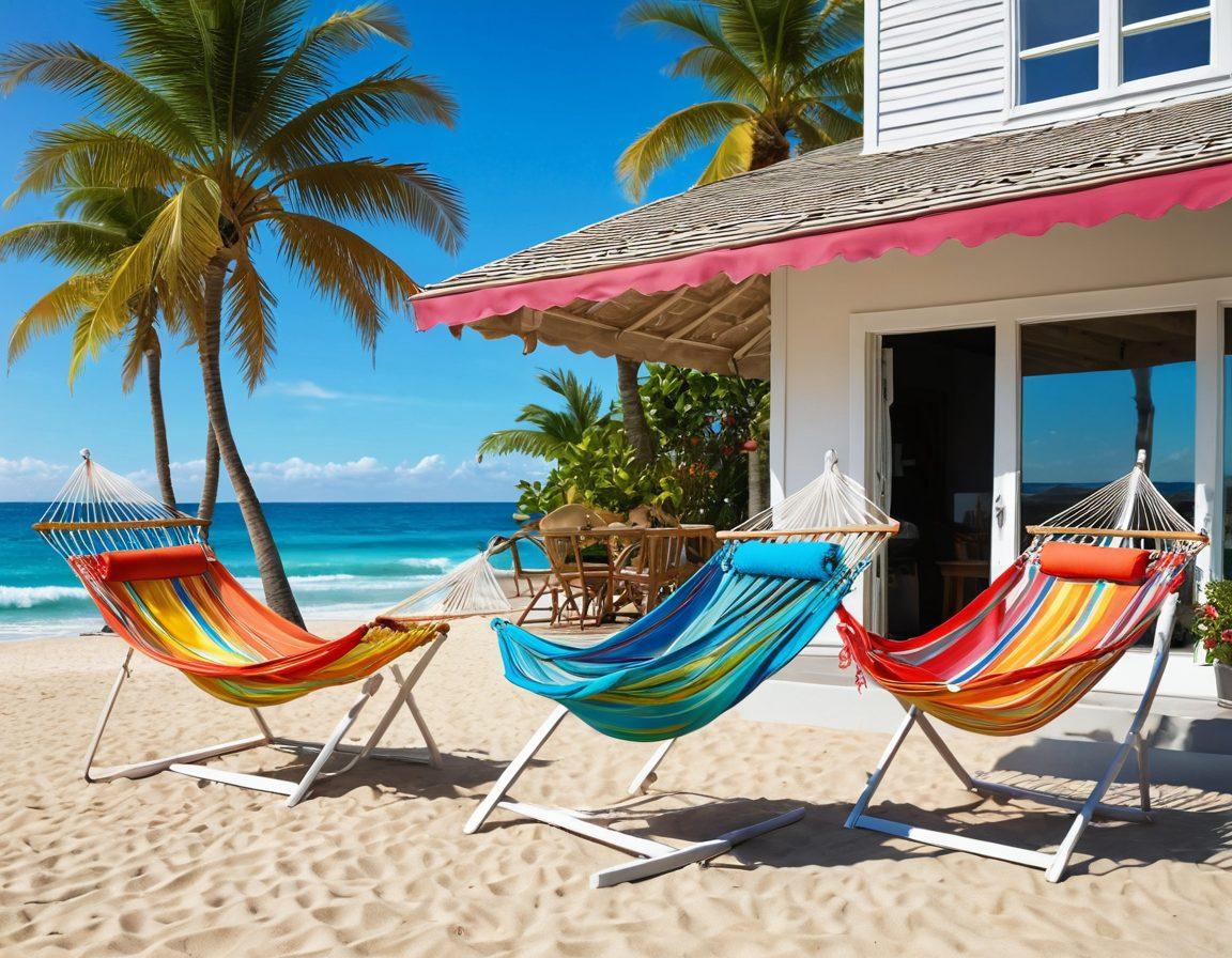 A sunny beach scene featuring stylish beachwear outfits displayed on mannequins by the shore. In the background, a coastal home with modern, vibrant designs showcases colorful hammocks and beach chairs. The waves gently lap at the sand, and palm trees sway in the breeze, enhancing the summer vibe. Bright, cheerful colors evoke a fun, relaxed atmosphere. super-realistic. vibrant colors. 3D.